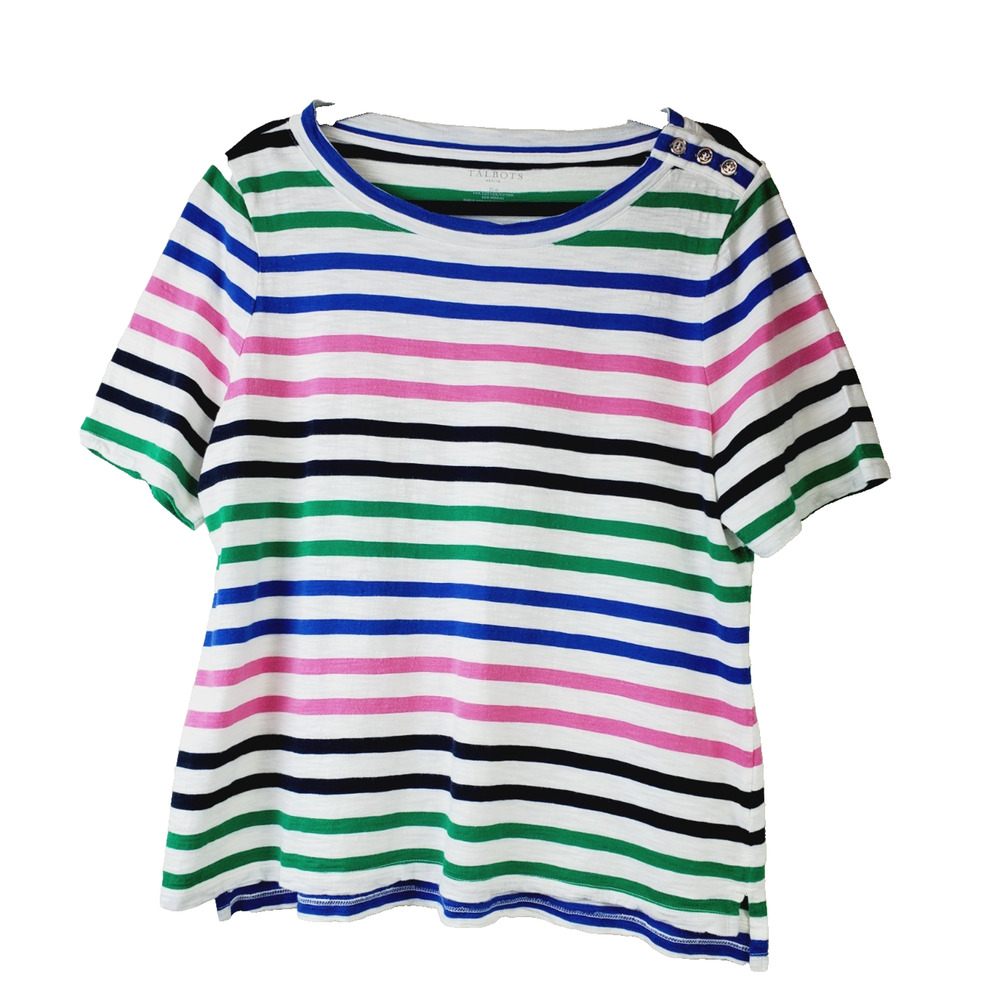 Talbots‎ Womens Top XL PETITE Striped Cotton Short Sleeve Tee Scoopneck